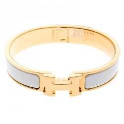 Pre Owned Hermes Clic Clac H White Enamel Gold Plated Narrow Bracelet PM