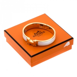 Pre Owned Hermes Clic Clac H White Enamel Gold Plated Narrow Bracelet PM