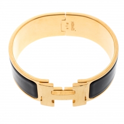 Pre Owned Hermes Clic Clac H Black Enamel Gold Plated Wide Bracelet PM