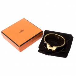 Pre Owned Hermes Clic Clac H Black Enamel Gold Plated Wide Bracelet PM