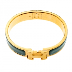 Pre Owned Hermes Clic H Aqua Blue Enamel Gold Plated Bracelet PM