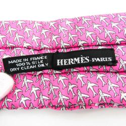 Pre Owned Hermes Pink Flying Bird Printed Ascot Silk Tie Scarf 