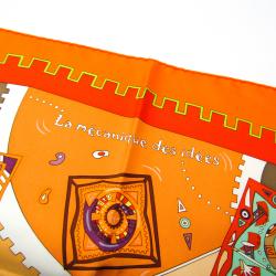 Pre Owned Hermes Orange Printed La MÃ©canique Des IdÃ©es Silk Square Scarf 