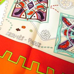 Pre Owned Hermes Orange Printed La MÃ©canique Des IdÃ©es Silk Square Scarf 