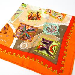 Pre Owned Hermes Orange Printed La MÃ©canique Des IdÃ©es Silk Square Scarf 