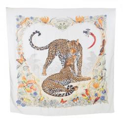Pre Owned Hermes Cream Jungle Love Print Cashmere and Silk Square Shawl  