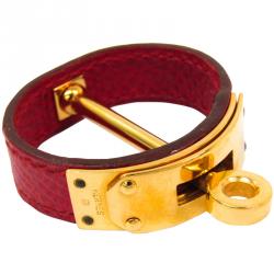 Pre Owned Hermes Kelly Red Leather Gold Plated Scarf Ring
