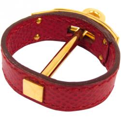 Pre Owned Hermes Kelly Red Leather Gold Plated Scarf Ring