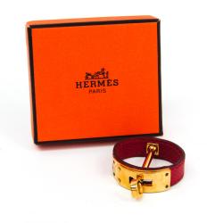 Pre Owned Hermes Kelly Red Leather Gold Plated Scarf Ring