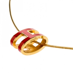 Pre Owned Hermes Pop H Coral Pink Lacquer Gold Plated Pendant Necklace