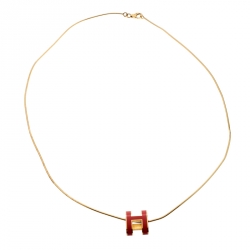 Pre Owned Hermes Pop H Coral Pink Lacquer Gold Plated Pendant Necklace