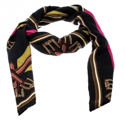 Pre Owned Hermes Vintage Les Sangles Printed Cashmere and Silk Shawl 