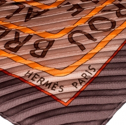 Pre Owned Hermes Brown Les Sources De La Vie Printed Plisse Silk Diamond Scarf