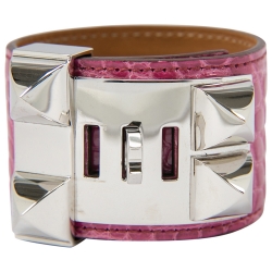 Pre Owned Hermes Collier De Chien Pink Alligator Leather Palladium Plated Cuff Bracelet S