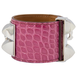 Pre Owned Hermes Collier De Chien Pink Alligator Leather Palladium Plated Cuff Bracelet S