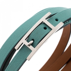 Pre Owned Hermes Hapi 3 Light Blue Leather Palladium Plated Wrap Bracelet M
