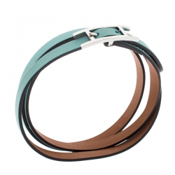 Pre Owned Hermes Hapi 3 Light Blue Leather Palladium Plated Wrap Bracelet M