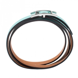 Pre Owned Hermes Hapi 3 Light Blue Leather Palladium Plated Wrap Bracelet M