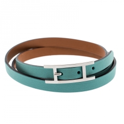 Pre Owned Hermes Hapi 3 Light Blue Leather Palladium Plated Wrap Bracelet M