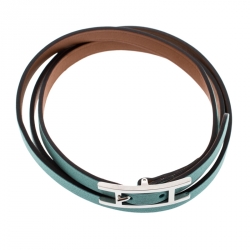 Pre Owned Hermes Hapi 3 Light Blue Leather Palladium Plated Wrap Bracelet M