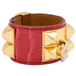 Pre Owned Hermes Collier De Chien Red Alligator Leather Gold Plated Cuff Bracelet S