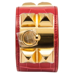 Pre Owned Hermes Collier De Chien Red Alligator Leather Gold Plated Cuff Bracelet S