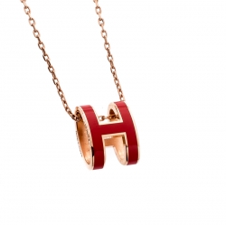 Pre Owned Hermes Pop H Pink Lacquered Rose Gold Plated Pendant Necklace