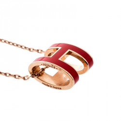 Pre Owned Hermes Pop H Pink Lacquered Rose Gold Plated Pendant Necklace