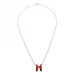 Pre Owned Hermes Pop H Pink Lacquered Rose Gold Plated Pendant Necklace
