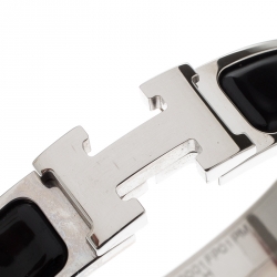 Pre Owned Hermes Clic-Clac H Black Enamel Palladium Plated Narrow Bracelet PM