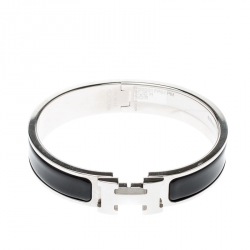 Pre Owned Hermes Clic-Clac H Black Enamel Palladium Plated Narrow Bracelet PM