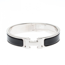 Pre Owned Hermes Clic-Clac H Black Enamel Palladium Plated Narrow Bracelet PM