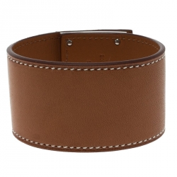 Pre Owned Hermes Kelly Dog Brown Leather Palladium Plated Wide Bracelet