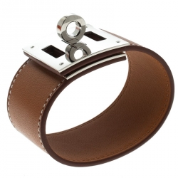 Pre Owned Hermes Kelly Dog Brown Leather Palladium Plated Wide Bracelet