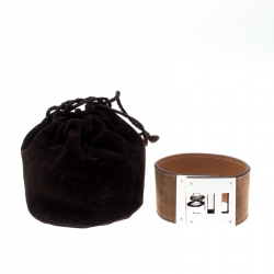 Pre Owned Hermes Kelly Dog Brown Leather Palladium Plated Wide Bracelet