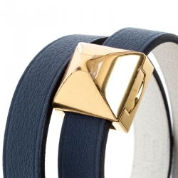 Pre Owned Hermes Medor Infini Blue Leather Gold Tone Double Tour Bracelet