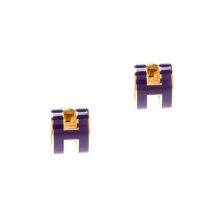 Pre Owned Hermes Pop H Purple Lacquered Gold Plated Stud Earrings
