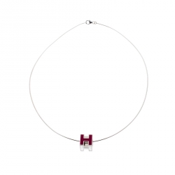 Pre Owned Hermes Cage d'H Pink Lacquer Palladium Plated Pendant Necklace