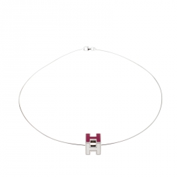 Pre Owned Hermes Cage d'H Pink Lacquer Palladium Plated Pendant Necklace