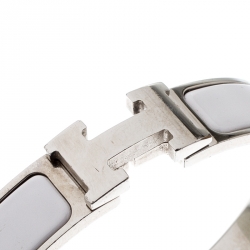 Pre Owned Hermès Clic H White Enamel Palladium Plated Narrow Bracelet PM