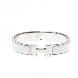 Pre Owned Hermès Clic H White Enamel Palladium Plated Narrow Bracelet PM