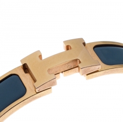 Pre Owned Hermes Clic Clac H Blue Enamel Gold Plated Narrow Bracelet PM