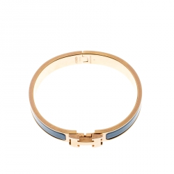 Pre Owned Hermes Clic Clac H Blue Enamel Gold Plated Narrow Bracelet PM