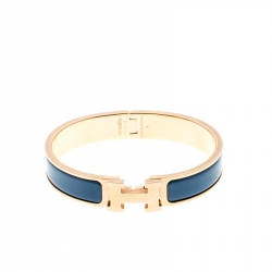 Pre Owned Hermes Clic Clac H Blue Enamel Gold Plated Narrow Bracelet PM