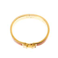 Pre Owned Hermes Clic Clac H Orange Enamel Gold Plated Narrow Bracelet PM