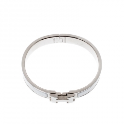 Pre Owned Hermès Clic H White Enamel Palladium Plated Narrow Bracelet PM