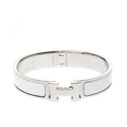 Pre Owned Hermès Clic H White Enamel Palladium Plated Narrow Bracelet PM