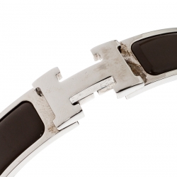 Pre Owned Hermes Clic Clac H Brown Enamel Palladium Plated Narrow Bracelet GM