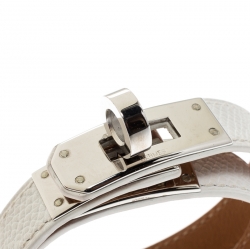 Pre Owned Hermes Kelly Double Tour White Leather Palladium Plated Wrap Bracelet S