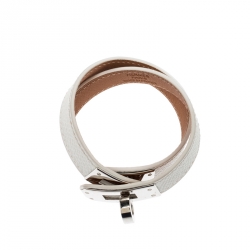 Pre Owned Hermes Kelly Double Tour White Leather Palladium Plated Wrap Bracelet S